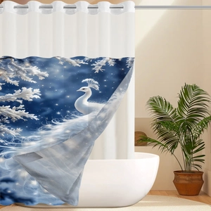 Detailed view of waterproof bathroom shower curtain with elegant white peacock pattern