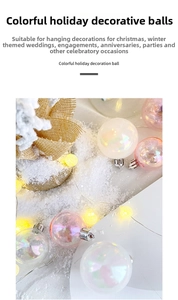 Vue détaillée de boules de Noël irisées sur tissu blanc avec guirlandes lumineuses LED