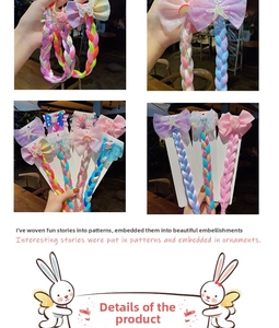 Detailed view of colorful braided hair extensions with cartoon bow clips for girls