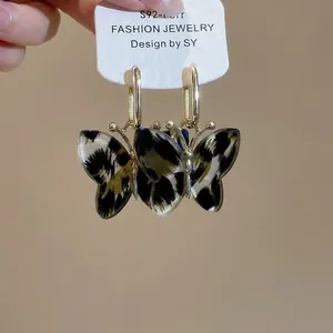Retro acetate leopard print butterfly earrings with gold S925 sterling silver hooks