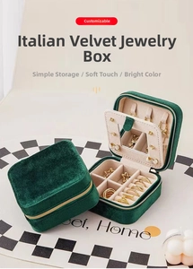 Detail view of dark green velvet jewelry box with mirror and multi-compartment storage space