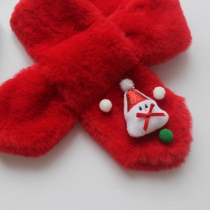 Plush Christmas scarf for kids with a 3D snowman and colorful pompom accents