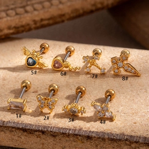 Set of 8 gold stainless steel cartilage earrings with heart, butterfly and cross shapes