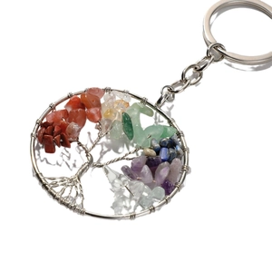 Silver tree of life keychain with multicolored tumbled crystal stones on white background