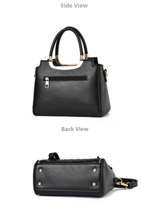 Detailed side and bottom view of black woven handbag with gold hardware and protective feet
