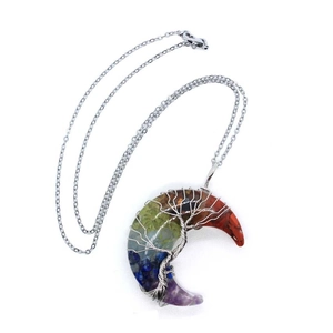Natural crystal tree of life crescent moon pendant necklace with silver wire wrapping