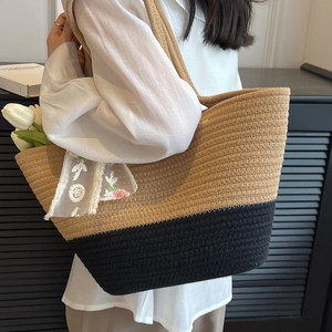 Large woven tote bag with lace detail and two-tone design for beach vacations