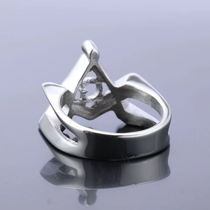 Classic silver stainless steel Masonic ring with square and compass symbol for men