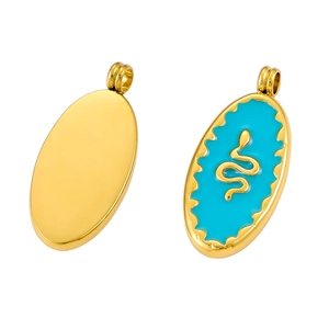 Detail of gold oval pendant featuring a sky blue enamel inlay and a gold snake relief
