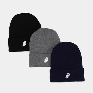 Ghost embroidery knit beanie set in black grey and navy blue for Halloween style