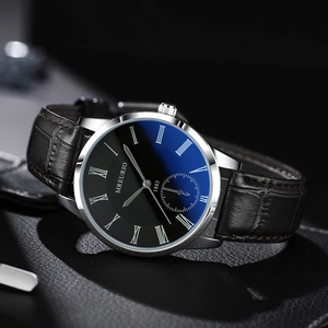 Men's business watch with black leather strap and blue gradient Roman numeral dial