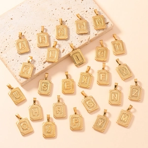 Stainless Steel Alphabet Initial Pendant Retro Gold Plated Square Letter Charm DIY Jewelry Accessory For Women Men