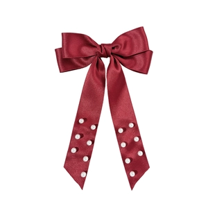 Elegant deep red satin ribbon bow hair clip with white faux pearl decorations
