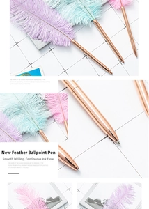 Vue détaillée d'un stylo à bille en métal luxueux décoré de plumes duveteuses, design chic.