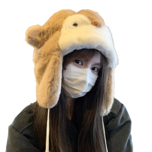 Cute brown plush animal earflap hat for winter warmth and wind protection