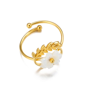 18K gold-plated leaf and flower open ring with white mother-of-pearl detail