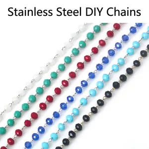 Beaded Chain Stainless Steel With Multifaceted Crystal Glass Beads For DIY Jewelry Making Handmade Colorful Accessory