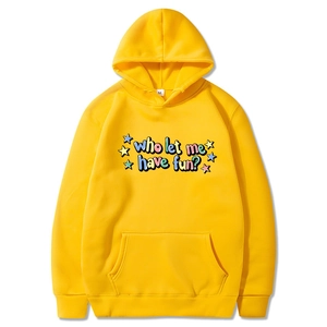 Yellow oversized hoodie featuring colorful Who Let Me print and star graphics
