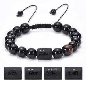 Zodiac Constellation Beaded Bracelet Natural Black Agate Tiger Eye Stone Adjustable Braided Rope Fashion Jewelry Unisex