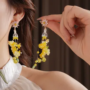 Boucles D'oreilles Gland Fleur Avec Tige En Argent Zircone Cristal Résine Longues Chic Bijoux Vacances Plage