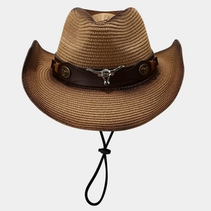 Classic straw western cowboy hat with leather band, silver bull head and adjustable cord
