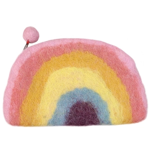 Rainbow wool felt semi-circle coin purse with colorful gradient stripes and pompom zipper