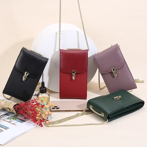 Chic genuine leather crossbody phone bags in four colors with gold chain straps and locks