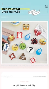 Flat lay of colorful acrylic emoji hair clips with fun heart and water drop designs