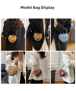 Sequin heart-shaped evening clutch with gold ring handle and detachable chain strap