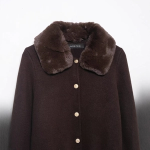 Dark brown knit cardigan with faux fur collar and gold anchor embossed metal buttons