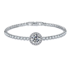Tennis bracelet with halo heart pendant and sparkling round cubic zirconia stones