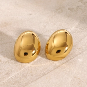 Polished 18k gold plated stainless steel oval stud earrings with a minimalist mirror finish