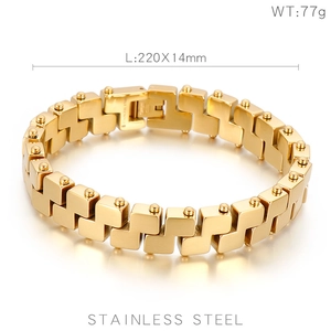 Detail view of gold stainless steel link bracelet with dimension and weight specifications