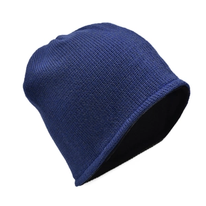 Close-up of winter knit beanie with warm fleece lining and reflective fiber details