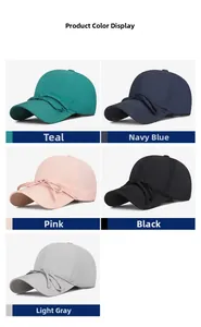 Detail view of quick-dry baseball caps in five colors featuring decorative bow tie straps