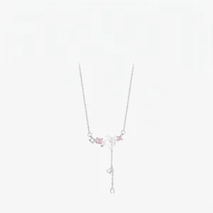 Cherry Blossom Flower Pendant Necklace 925 Sterling Silver White Mother Of Artificial Pearl Pink Zirconia Tassel Heart Charm Elegant