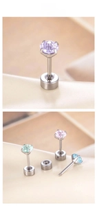 Macro view of 4mm candy-colored zircon ear studs with flat back screw-in design