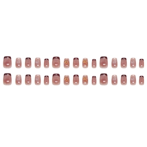 French cat eye glitter nails with burgundy tips and amber crystals set of 24 pieces