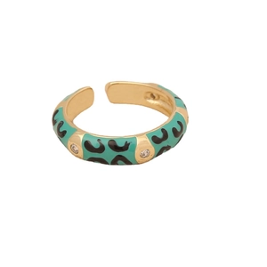 Gold open ring with green enamel, black spots and inlaid white zircon stones