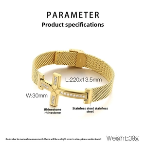 Detailed view of golden mesh strap bracelet with crystal cross and product dimensions