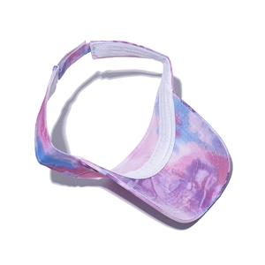 Top-down view of a tie-dye sports visor hat featuring vibrant purple and pink hues