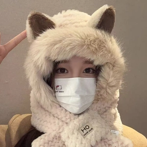 Plush beige cat ear hooded scarf with soft faux fur material for women in winter