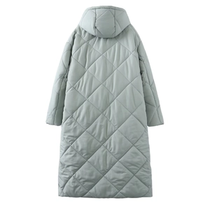 Women's long hooded quilted coat in sage green with elegant diamond pattern back view