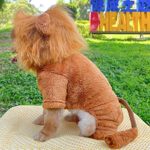 Detail view of lion costume for dogs featuring thick brown mane and plush fabric on grass
