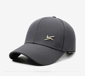 Detail view of dark grey baseball cap with embroidery and reinforced stitching