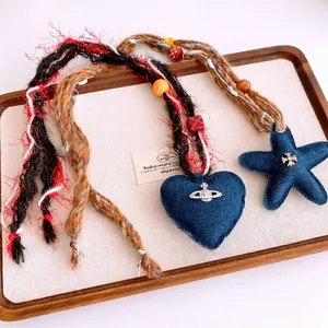 Collana Lunga A Catena Per Maglione Con Ciondolo Cuore Stella In Denim Fatto A Mano Corda Intrecciata Perline Legno Donna