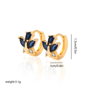 Detail of gold hoop earrings with blue marquise stones and clear zircons, 1.3cm height