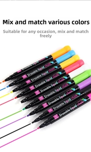 Set of 10 vibrant erasable liquid chalk markers showing colorful lines on white background