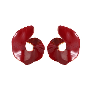 Irregular red enamel geometric stud earrings with gold trim and organic wave shape