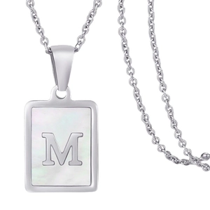 Silver square shell necklace with M letter pendant on minimalist metal chain